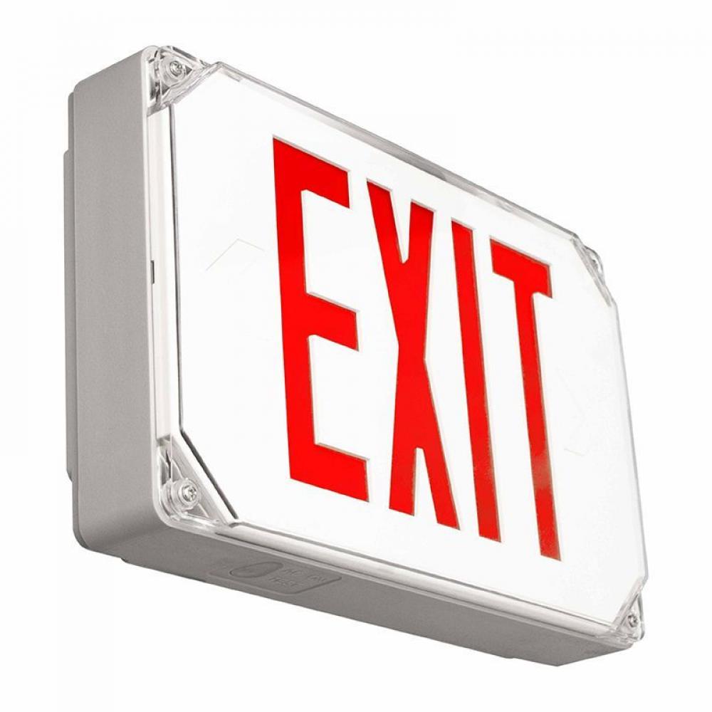 WET LOCATION LED EXIT SIGN, UNIVERSAL SINGLE/DOUBLE FACE, RED, GRAY HOUSING, 120/277V