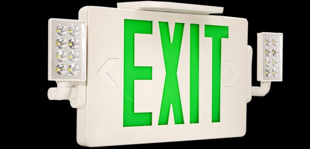 SUPER SLIM LED EXIT SIGN WITH ADJUSTABLE LED HEADS - GREEN LETTERS 120/277 VOLTAGE