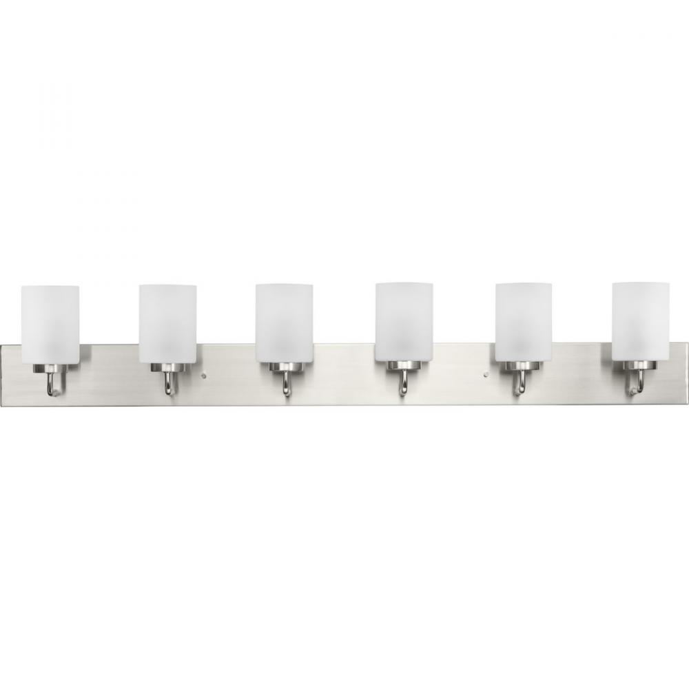 Merry Collection Six-Light Brushed Nickel and Etched Glass Transitional Style Bath Vanity Wall Light