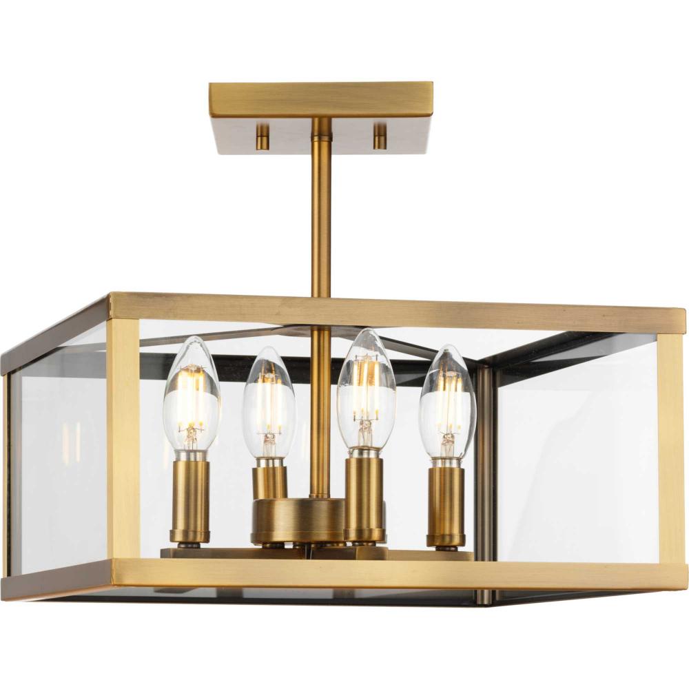 Hilllcrest Collection 13 in. Four-Light Vintage Brass Transitional Semi-Flush Mount Light