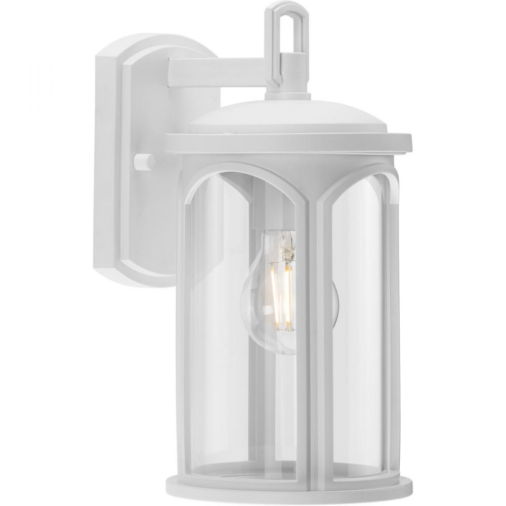 Gables Collection One-Light Coastal Satin White Clear Glass Outdoor Wall Lantern