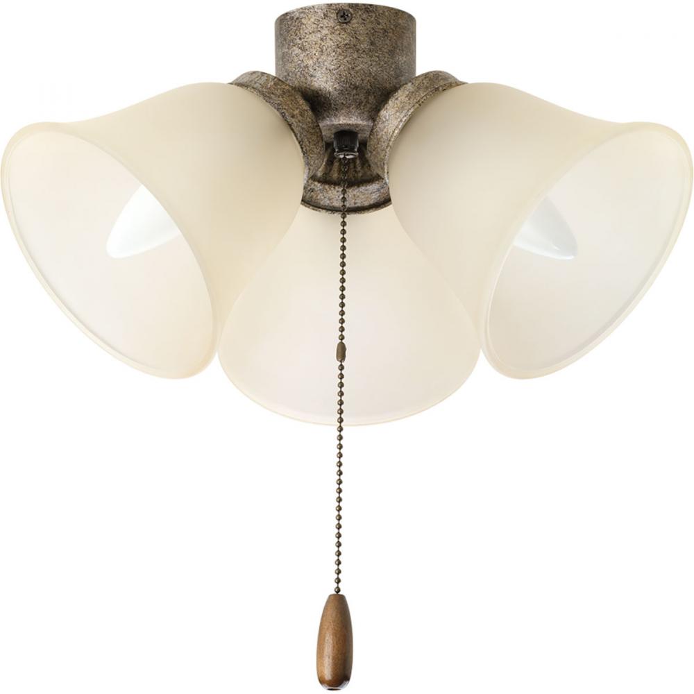 Three-light universal fan light kit with three light umber etched glass shades and a refreshing pebb