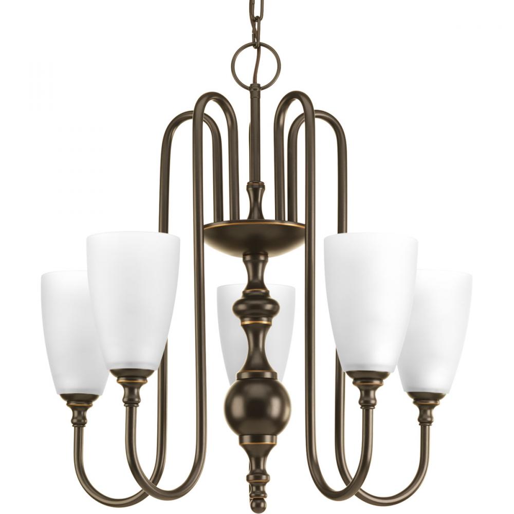 Five-light chandelier finished in antique bronze with etched glass.