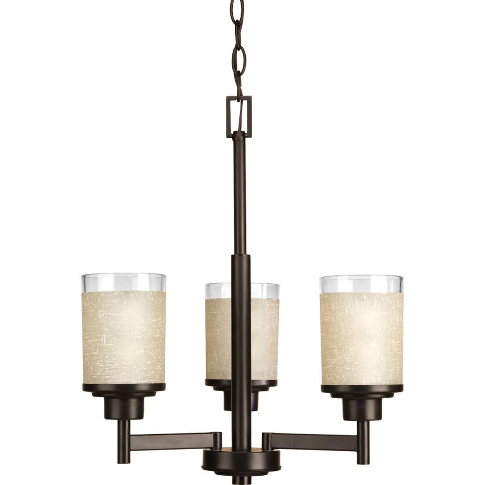 Alexa Collection Three-Light Antique Bronze Etched Umber Linen With Clear Edge Glass Modern Chandeli