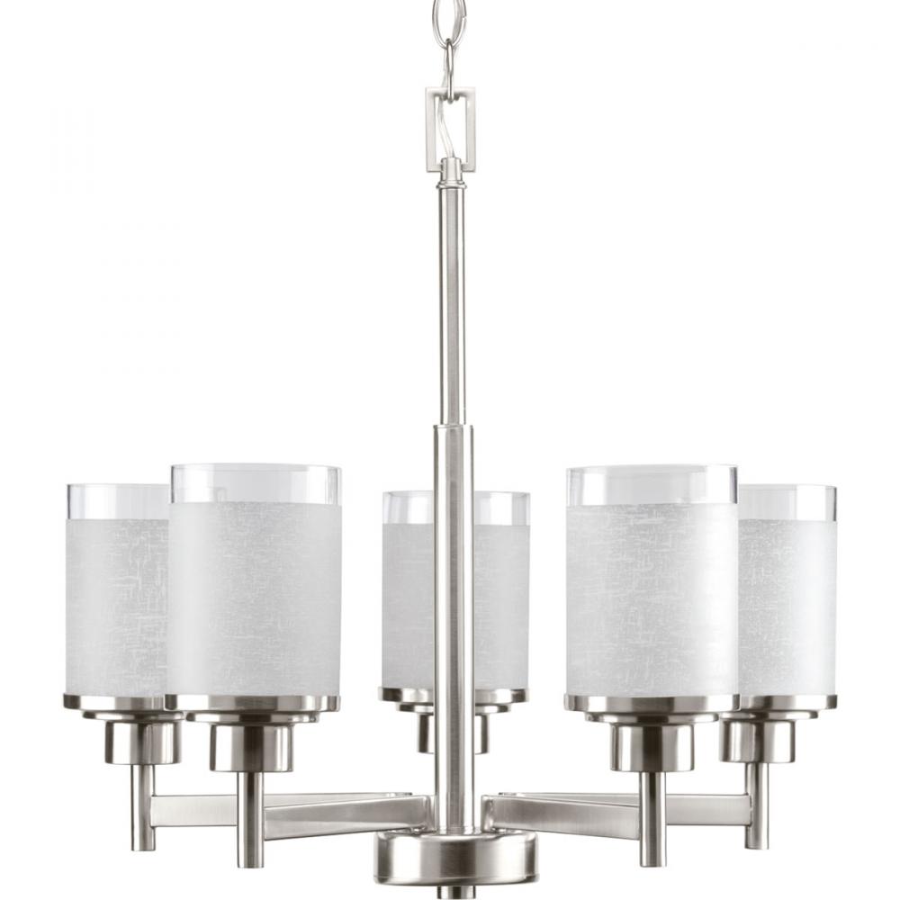 Alexa Collection Five-Light Brushed Nickel Etched Linen With Clear Edge Glass Modern Chandelier Ligh