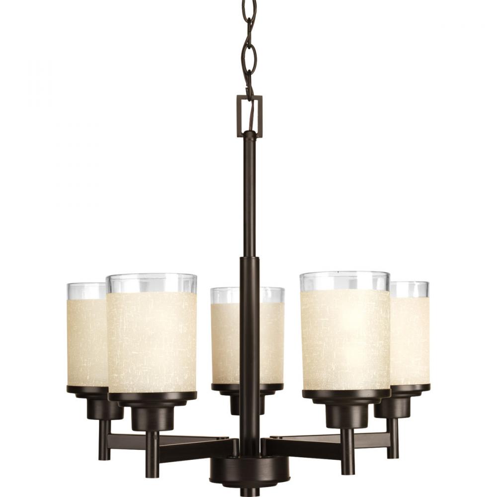 Alexa Collection Five-Light Antique Bronze Etched Umber Linen With Clear Edge Glass Modern Chandelie