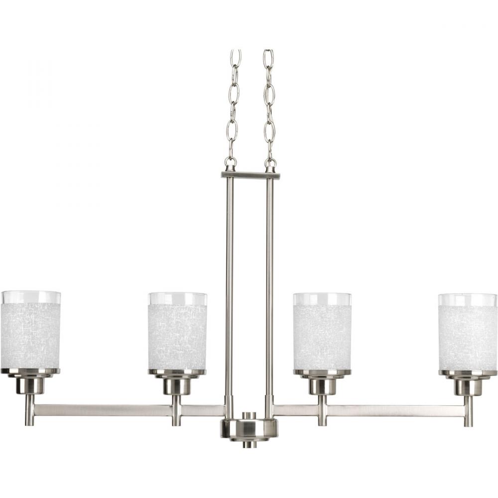Alexa Collection Four-Light Brushed Nickel Etched Linen With Clear Edge Glass Modern Linear Chandeli