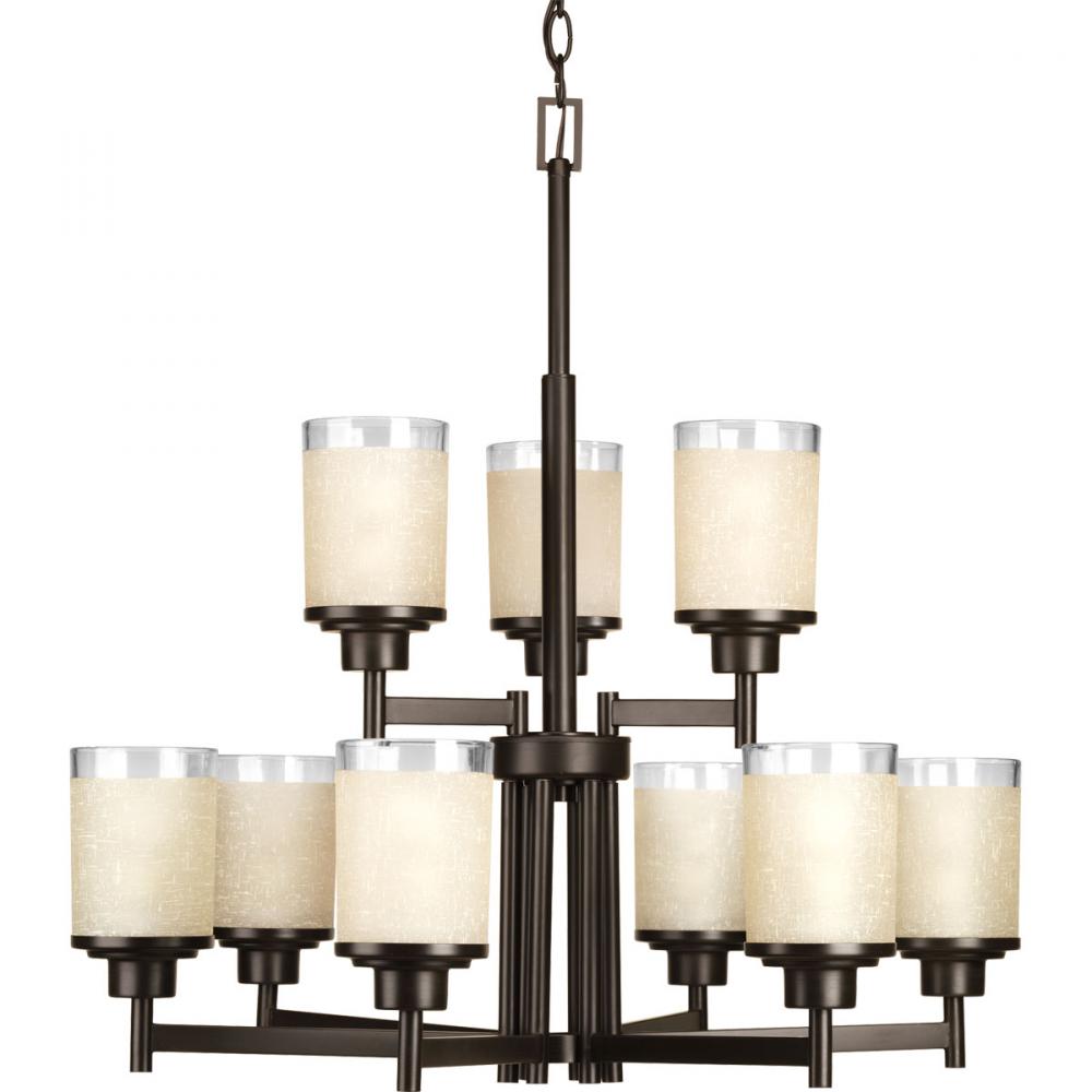 Alexa Collection Nine-Light Antique Bronze Etched Umber Linen With Clear Edge Glass Modern Chandelie