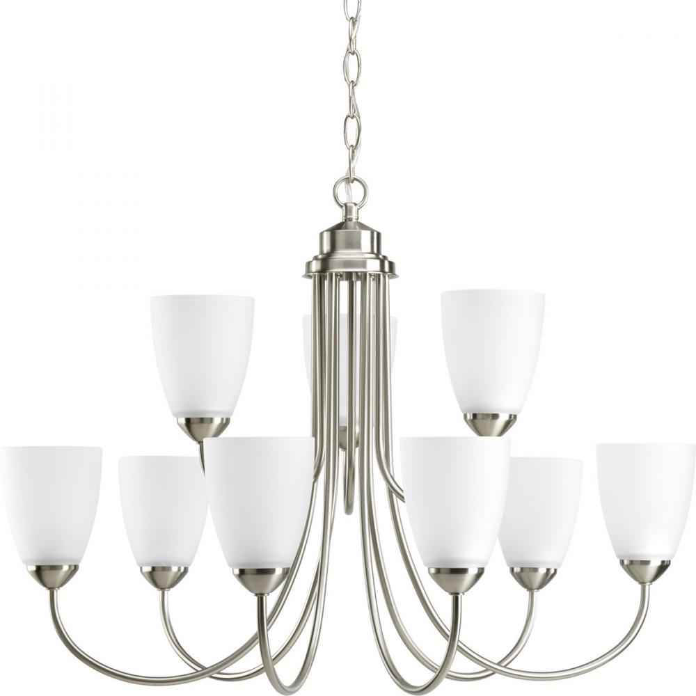 Gather Collection Nine-Light Brushed Nickel Etched Glass Traditional Chandelier Light