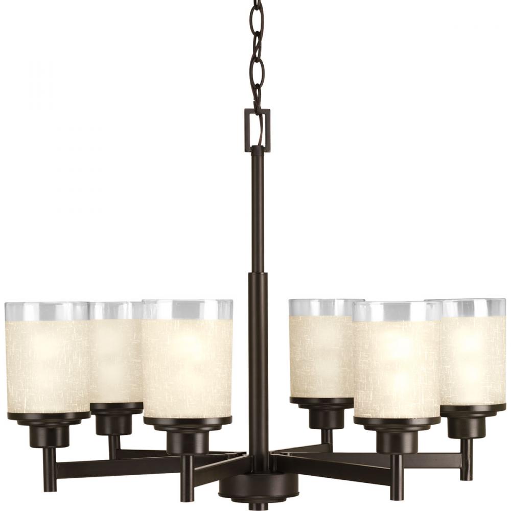 Alexa Collection Six-Light Antique Bronze Etched Umber Linen With Clear Edge Glass Modern Chandelier