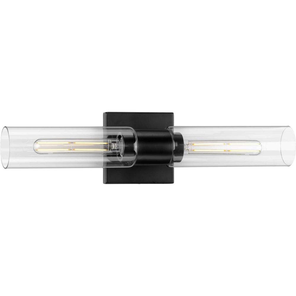 Clarion Collection Two-Light Matte Black and Clear Glass Modern Style Bath Vanity Wall Light