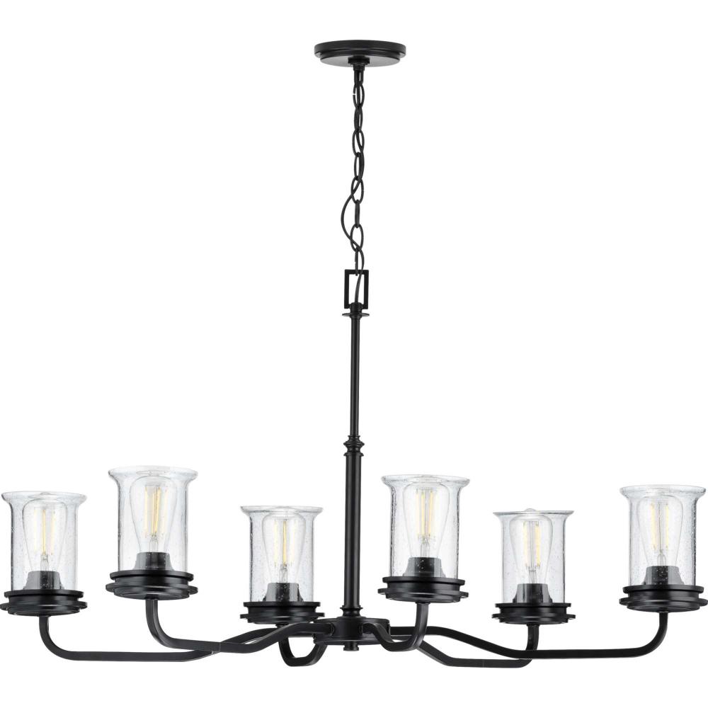 Winslett Collection Six-Light Matte Black Clear Seeded Glass Coastal Chandelier Light