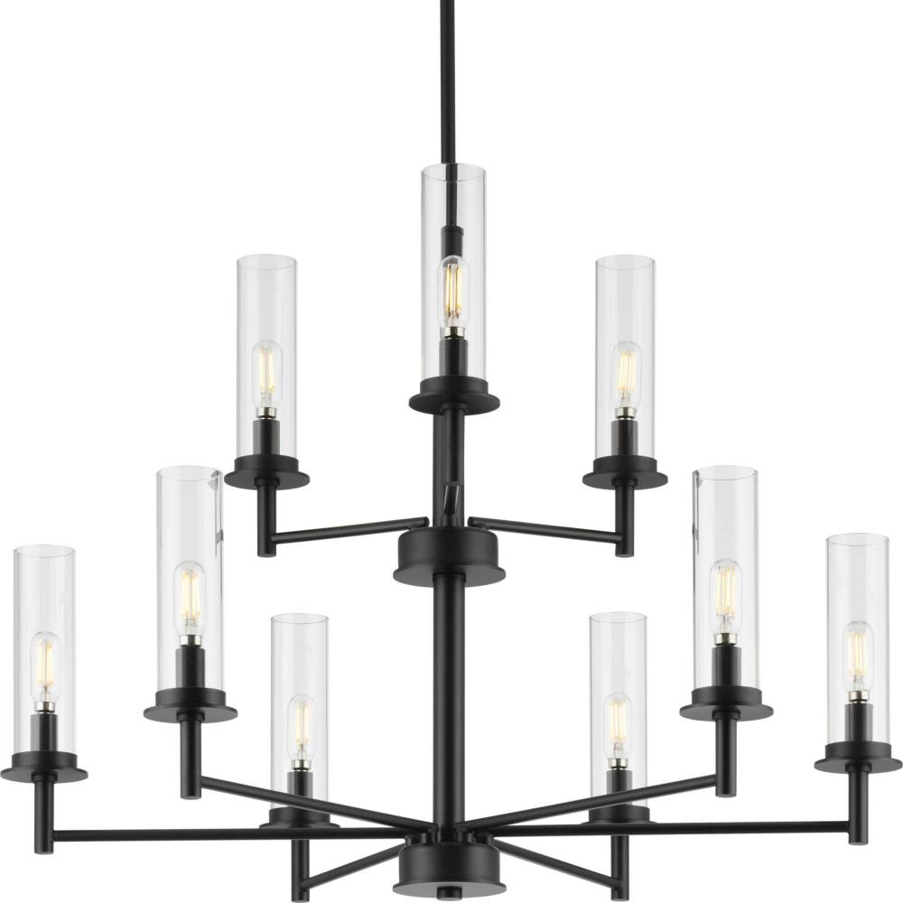 Kellwyn Collection Nine-Light Matte Black and Clear Glass Transitional Style Chandelier Light