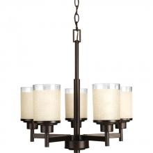 Progress P4459-20 - Alexa Collection Five-Light Antique Bronze Etched Umber Linen With Clear Edge Glass Modern Chandelie