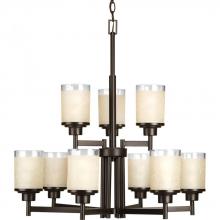 Progress P4626-20 - Alexa Collection Nine-Light Antique Bronze Etched Umber Linen With Clear Edge Glass Modern Chandelie