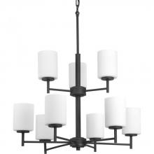 Progress P4726-31 - Replay Collection Nine-Light Textured Black Etched Painted White Glass Modern Chandelier Light
