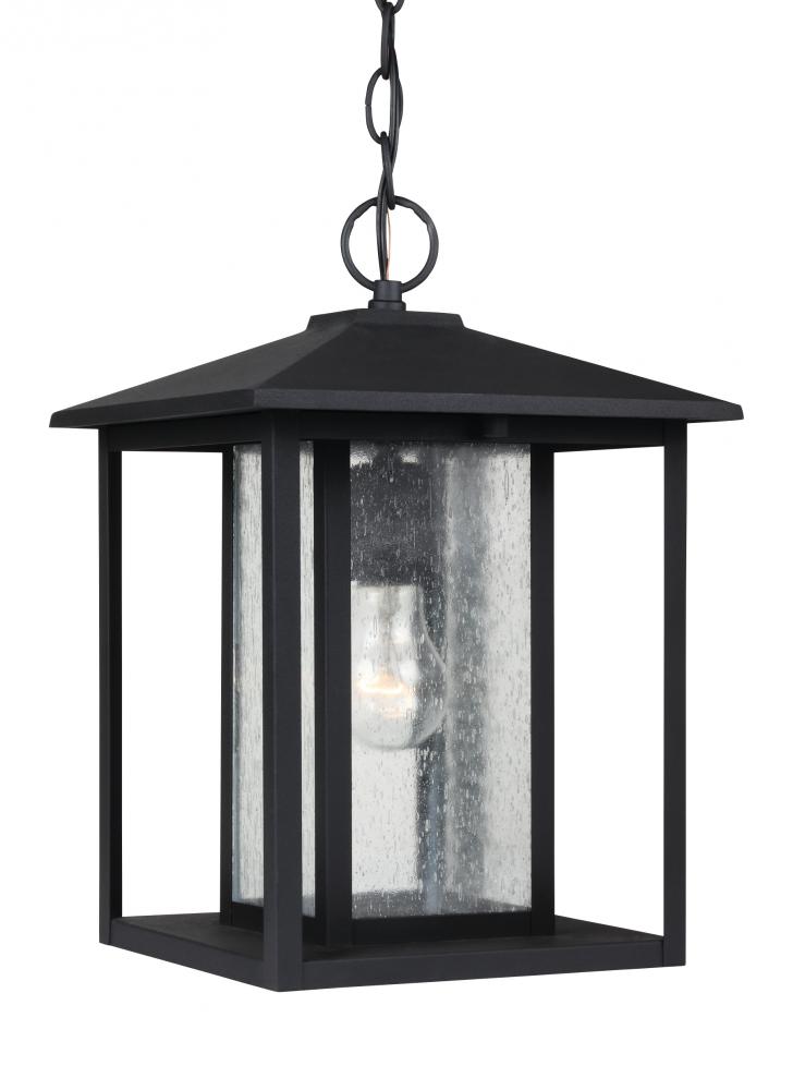 Hunnington contemporary 1-light outdoor exterior pendant in black finish with clear seeded glass pan