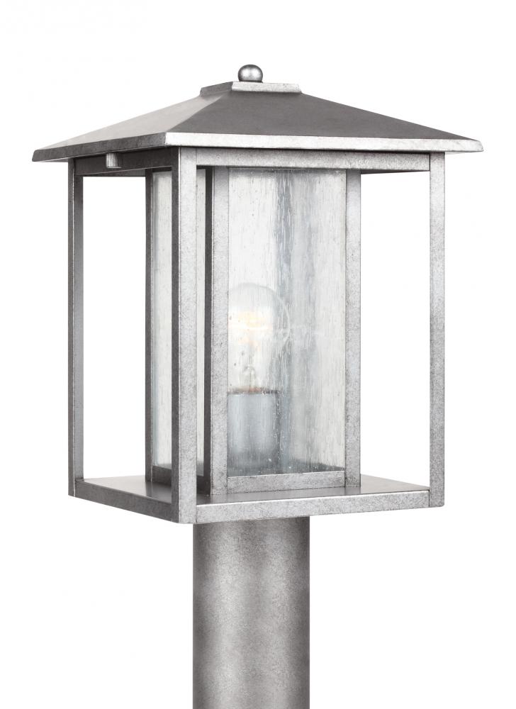 Hunnington contemporary 1-light outdoor exterior post lantern in weathered pewter grey finish with c