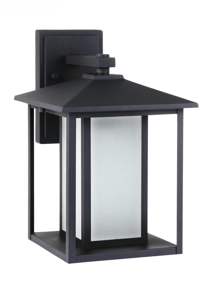 Hunnington contemporary 1-light LED outdoor exterior medium wall lantern in black finish with etched