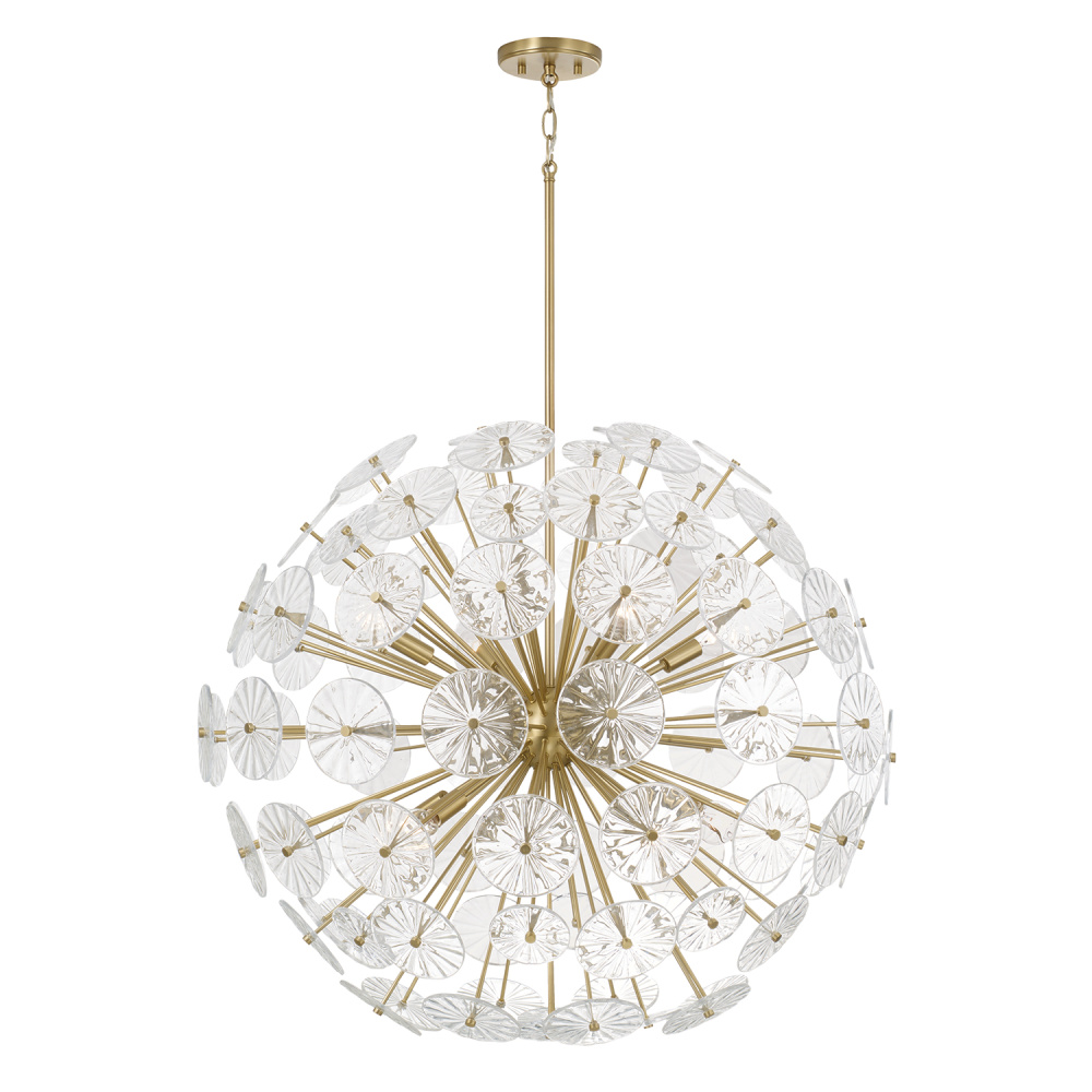 33" W x 34" H 8-Light Starburst Pendant in Matte Brass with Patterned Glass Petals
