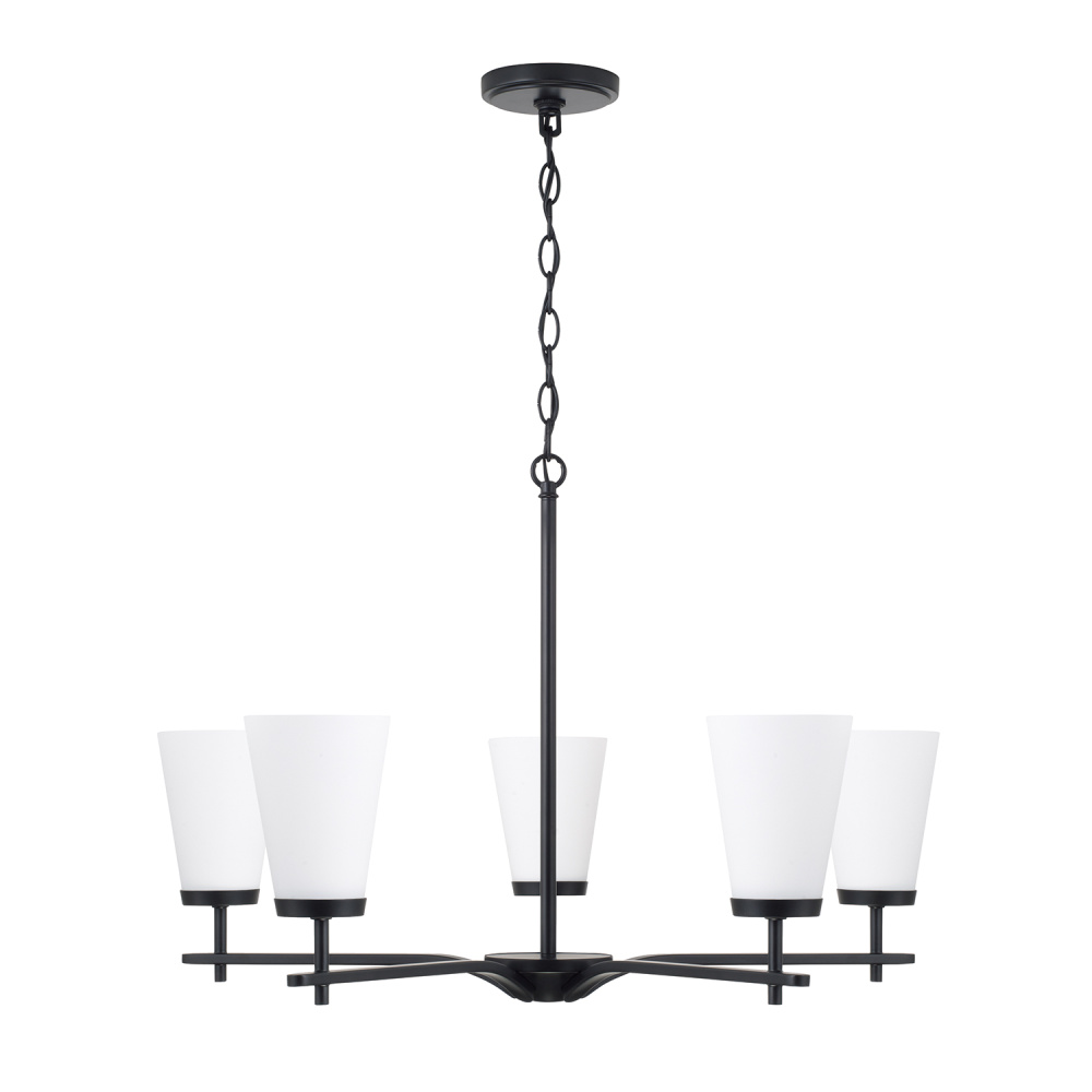 28" W x 18.5" H 5-Light Chandelier in Matte Black with Tapered Soft White Glass