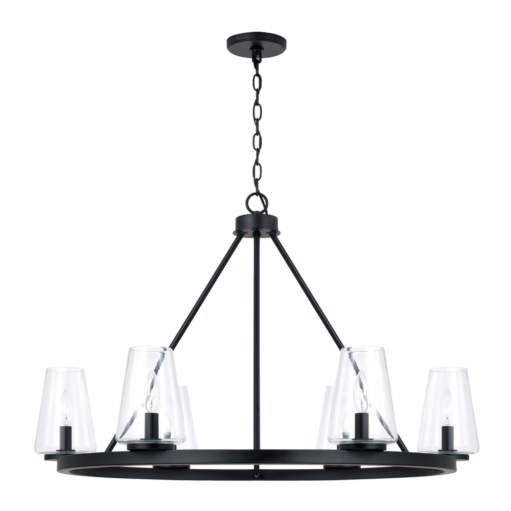 36" W x 23.5" H 6-Light Ring Chandelier in Matte Black with Clear Glass