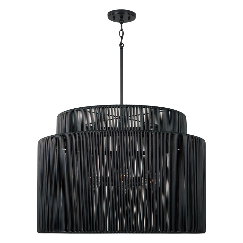28.75" W x 20.25" H 3-LT Indoor Outdoor Pendant in Matte Black & Hand-wrapped Onyx Black Res