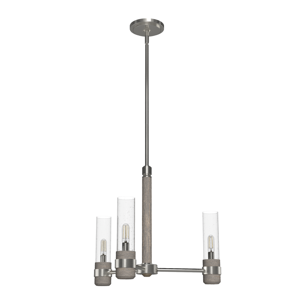 Hunter River Mill Brushed Nickel and Gray Wood with Seeded Glass 3 Light Chandelier Ceiling Light Fi