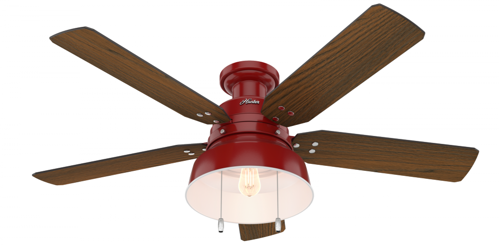 Hunter 52 inch Mill Valley Barn Red Low Profile Damp Rated Ceiling Fan with LED Light Kit and Pull C