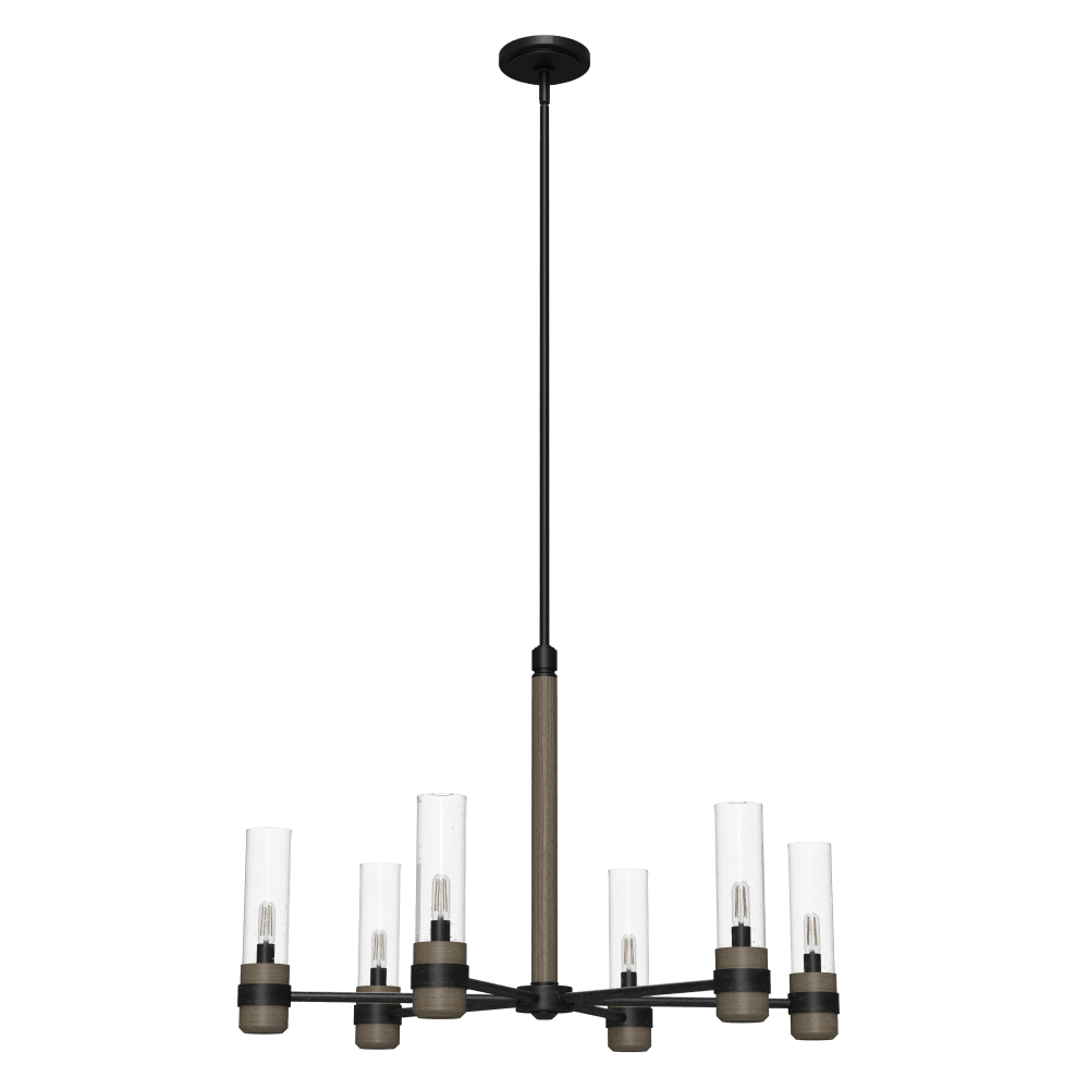 Hunter River Mill Rustic Iron and French Oak with Seeded Glass 6 Light Chandelier Ceiling Light Fixt