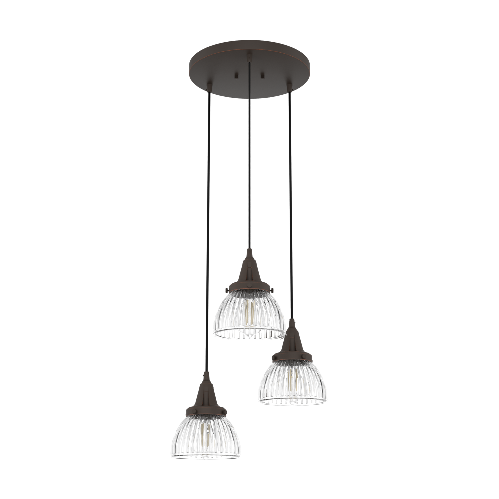 Hunter Cypress Grove Onyx Bengal with Clear Holophane Glass 3 Light Pendant Cluster Ceiling Light Fi