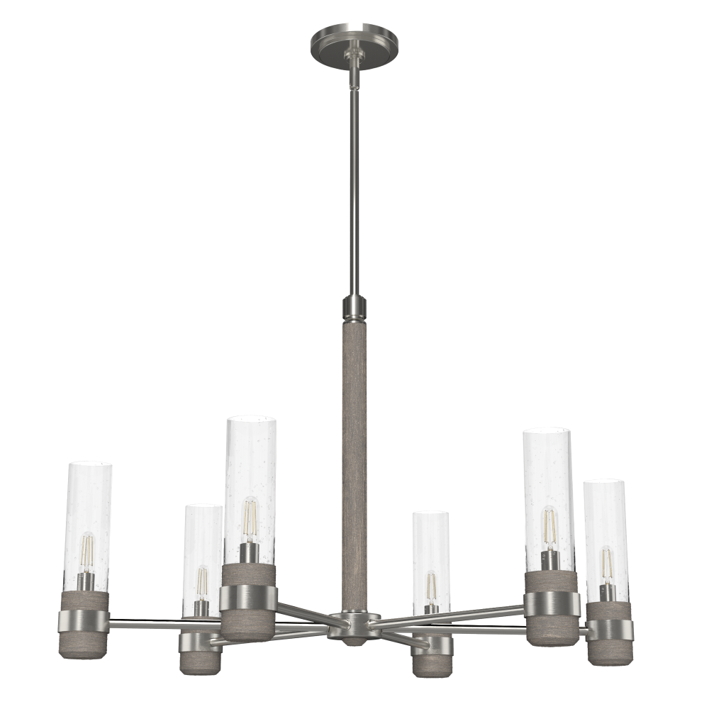 Hunter River Mill Brushed Nickel and Gray Wood with Seeded Glass 6 Light Chandelier Ceiling Light Fi