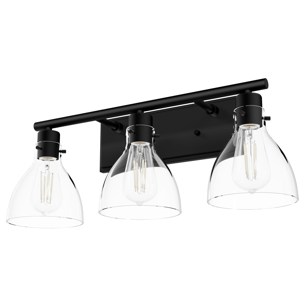 Hunter Van Nuys Matte Black with Clear Glass 3 Light Bathroom Vanity Wall Light Fixture