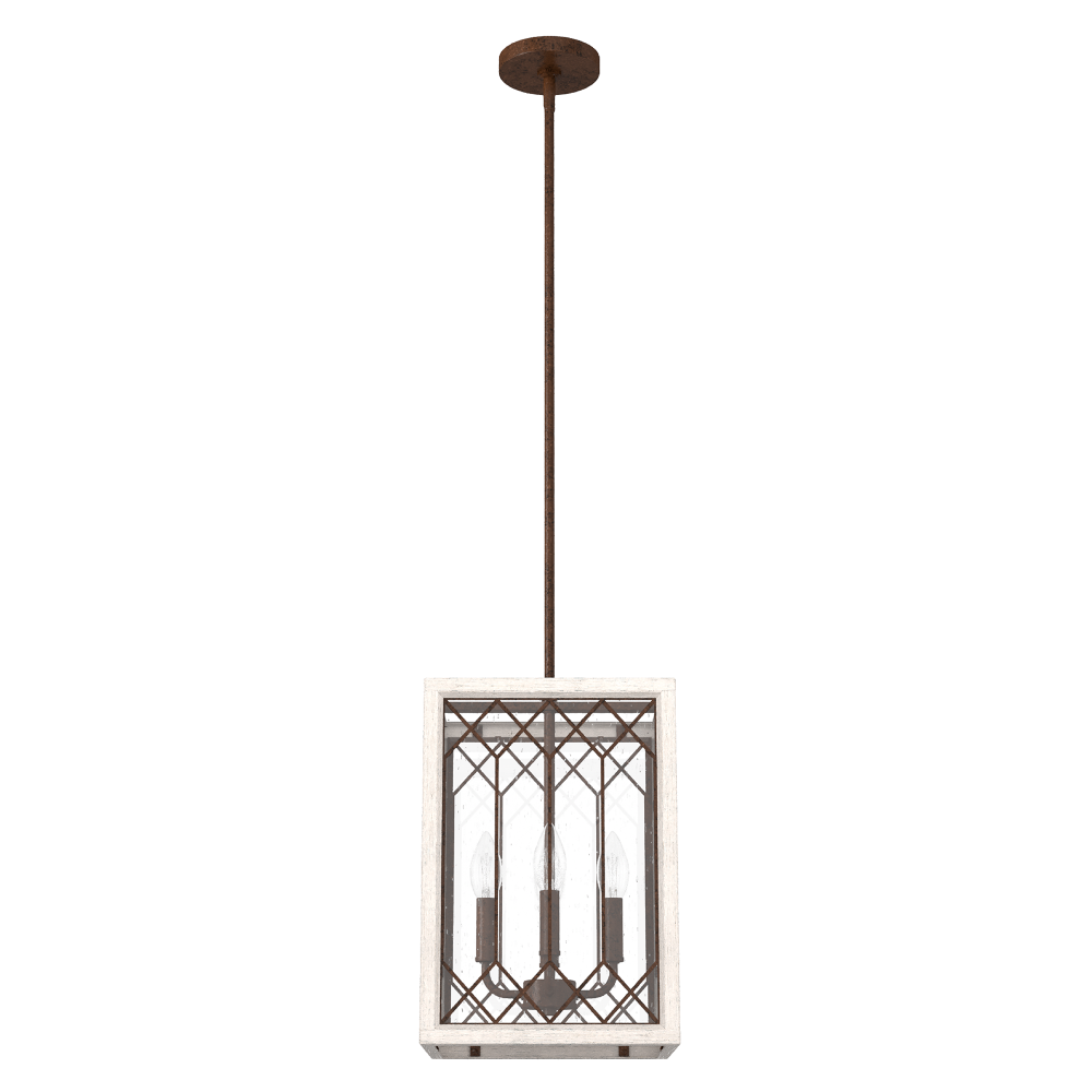 Hunter Chevron Textured Rust and Distressed White with Seeded Glass 4 Light Pendant Ceiling Light Fi