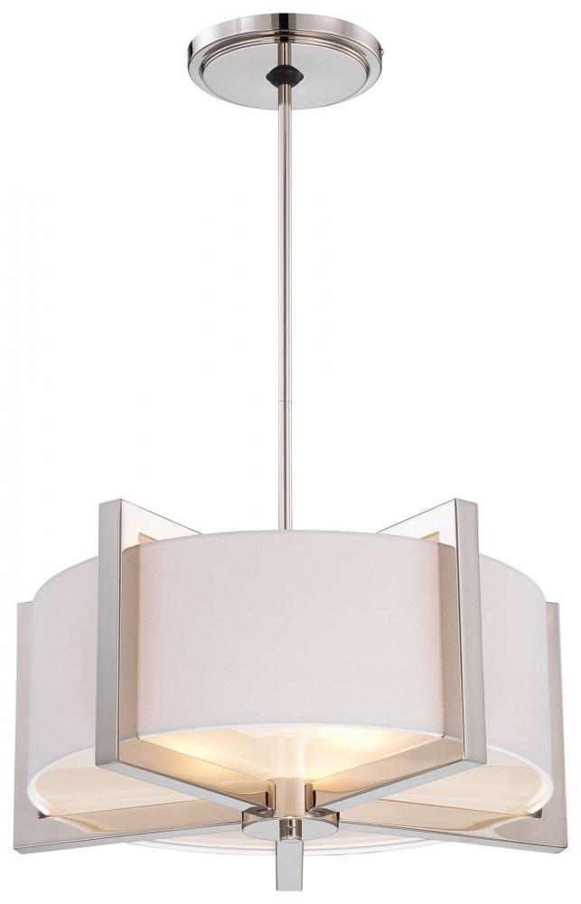 Three Light Polished Nickel Soft White Fabric Shade Tempered Three Light Polished Nickel Soft White Fabric Shade Tempered Diffuser Glass Drum Pendant