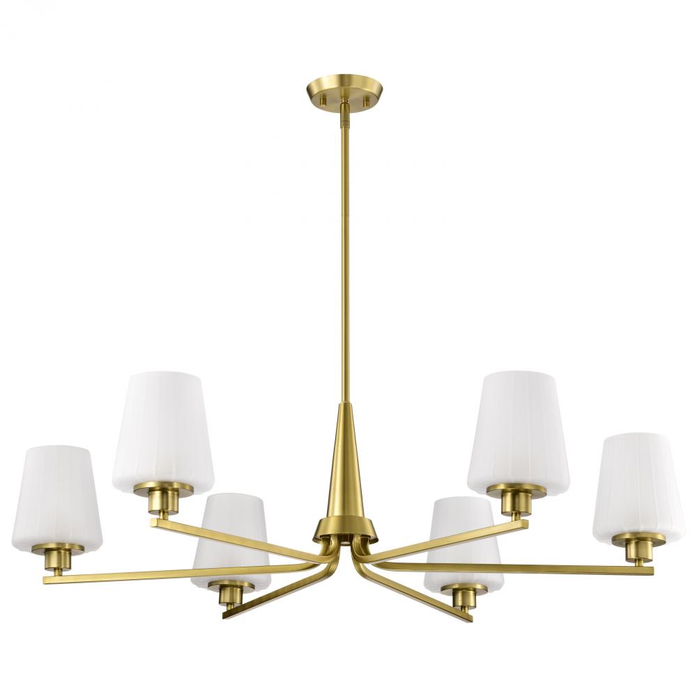 Lune; 6 Light Chandelier; Vintage Brass Finish; Etched White Glass