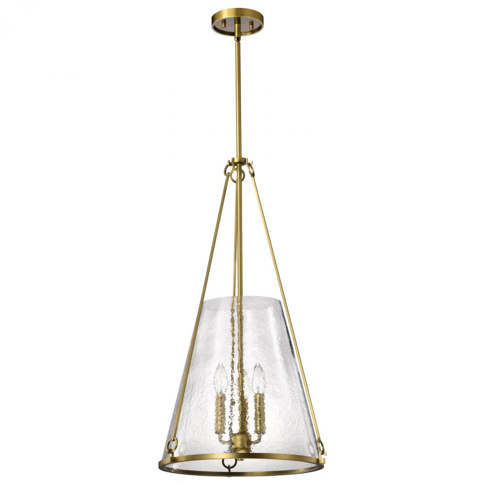 Valentine; Large Pendant; Vintage Brass Finish; Hammered Glass