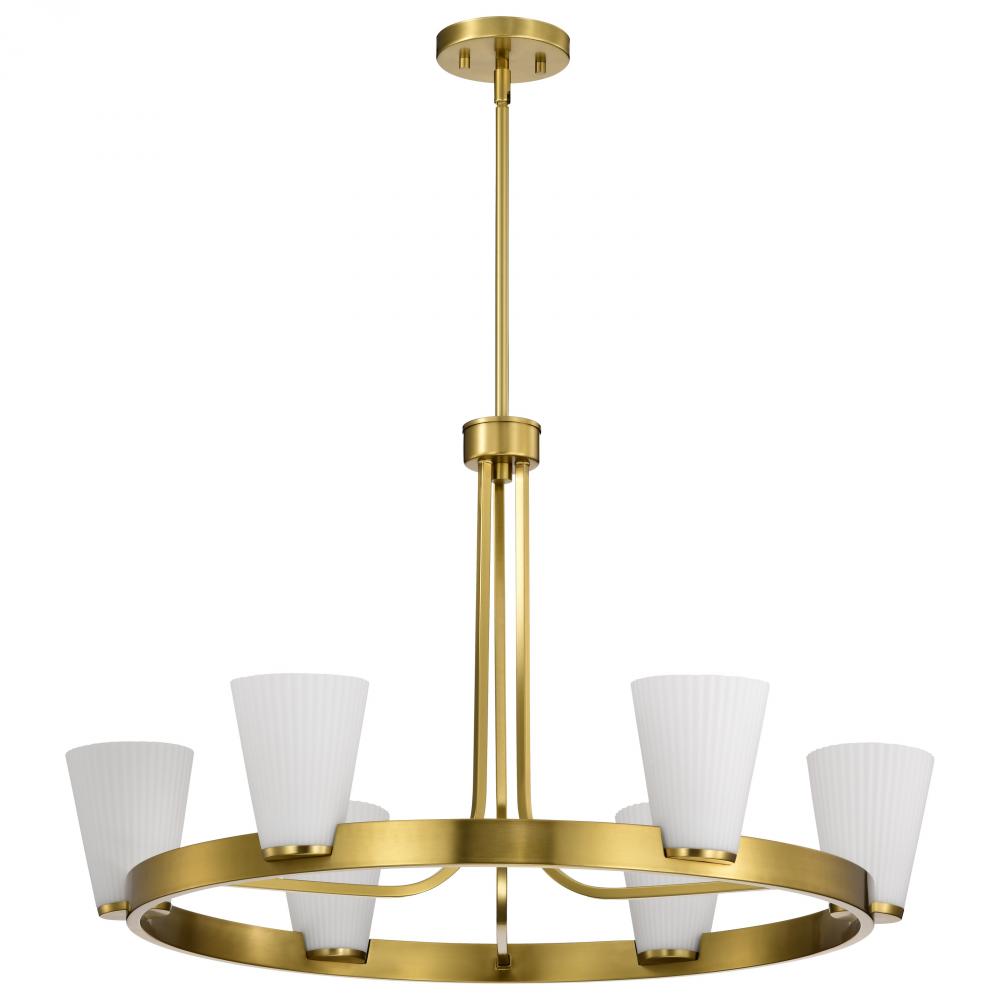 Royale; 6 Light Chandelier; Burnished Brass Finish; Ribbed White Glass