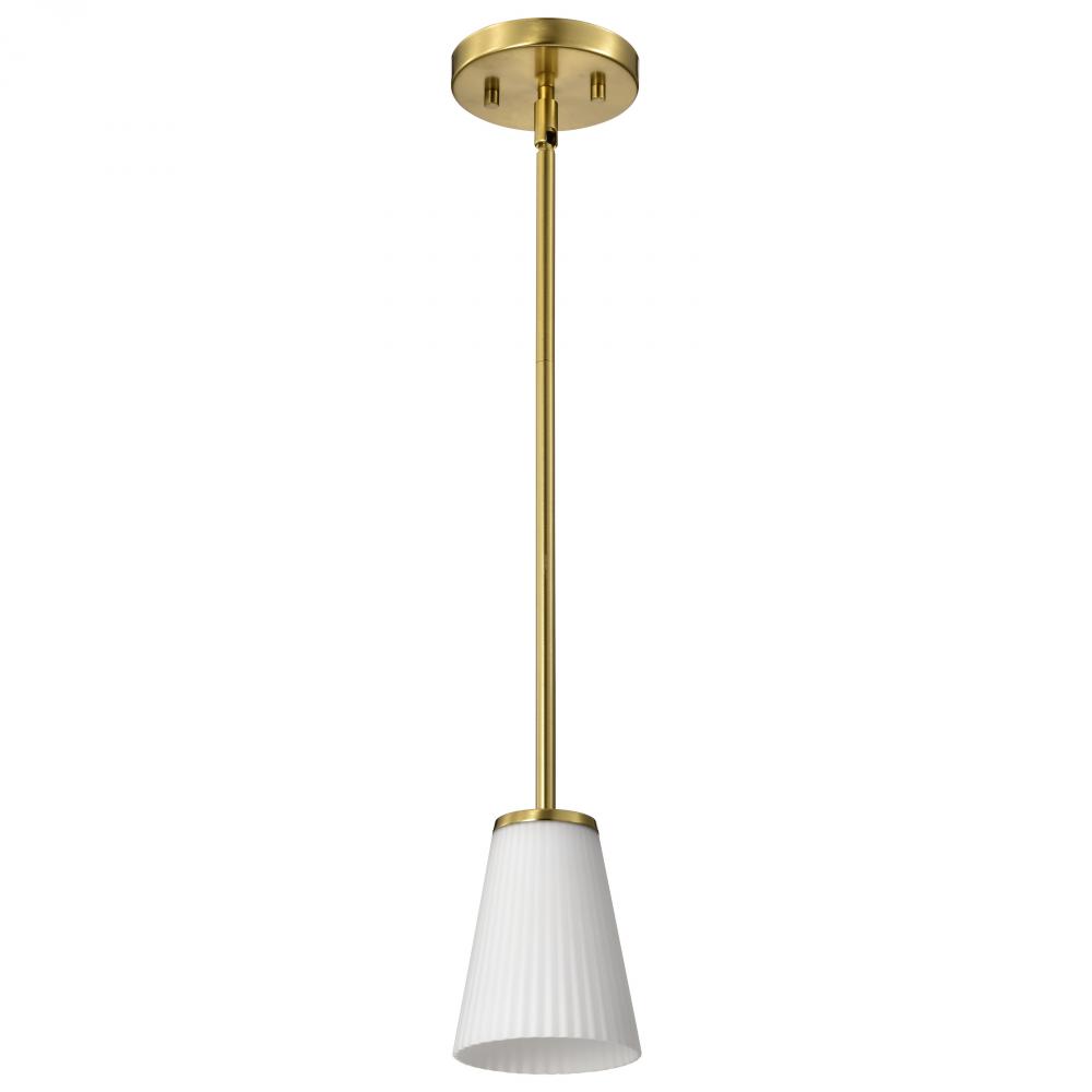 Royale; Mini Pendant; Burnished Brass Finish; Ribbed White Glass