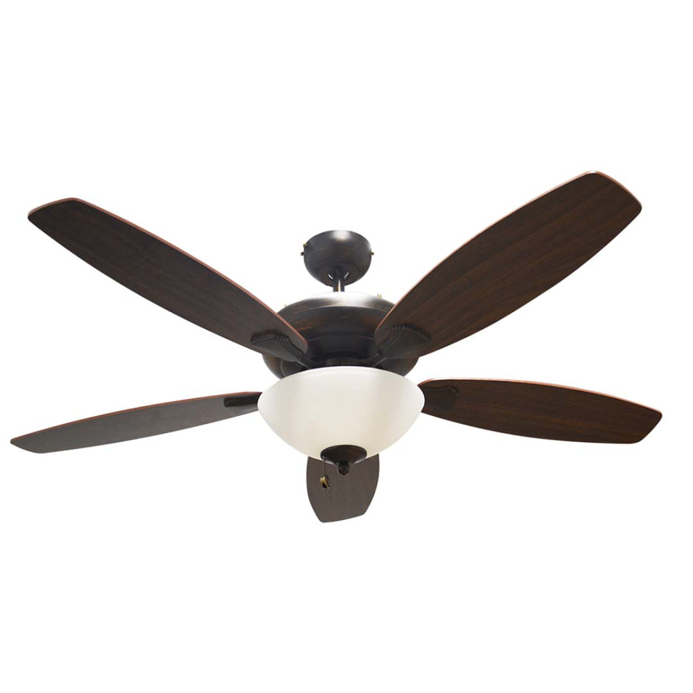 52" 5-Blade UFO Fan RB Oak/Walnut Blades 2-Light Bowl White Glass LED Kit