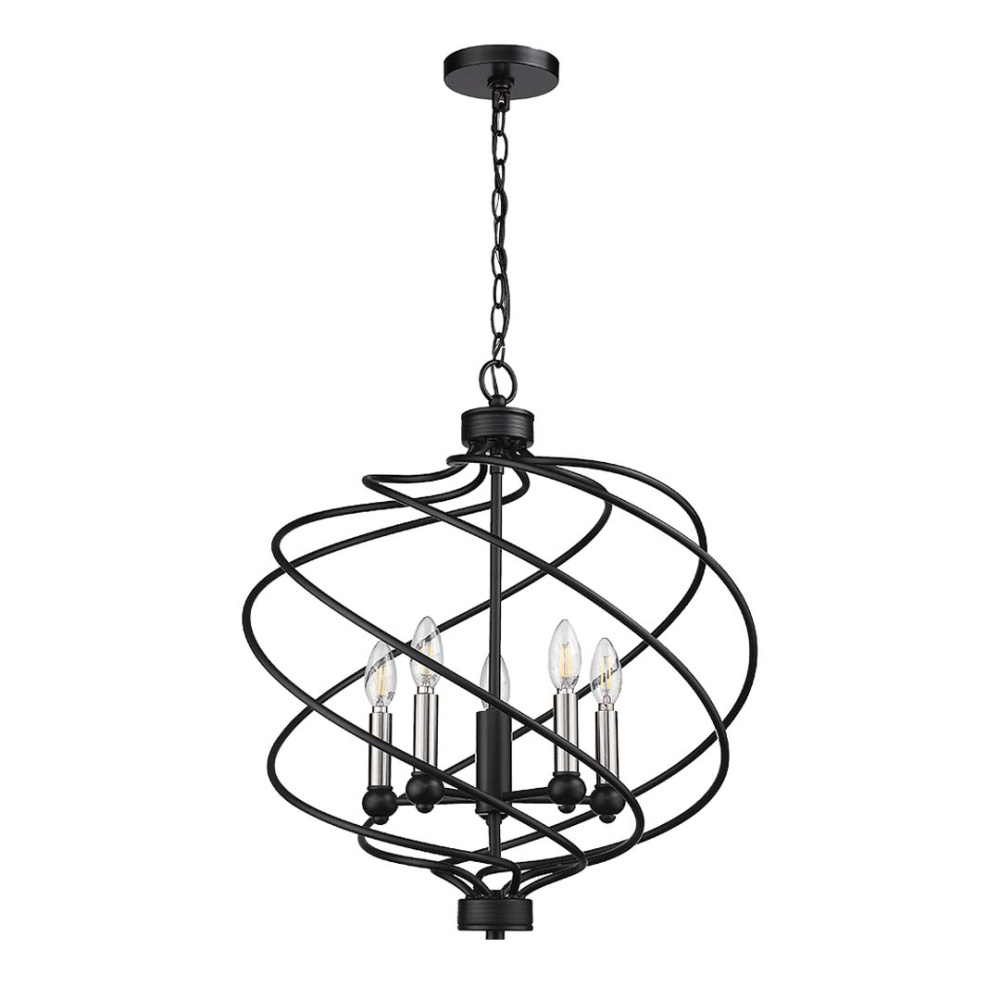 Vivio Kaleesi 5-Light Candle Base Spiral Braid Cage Pendant - Matte Black/Brushed Nickel